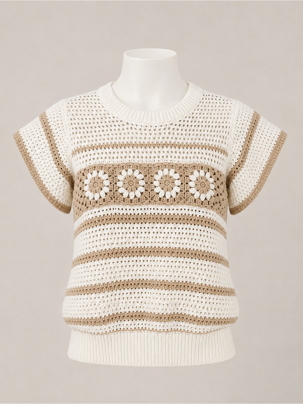 Elie Tahari NWT Crochet Daisy Floral Sweater Ivory Oatmeal SP